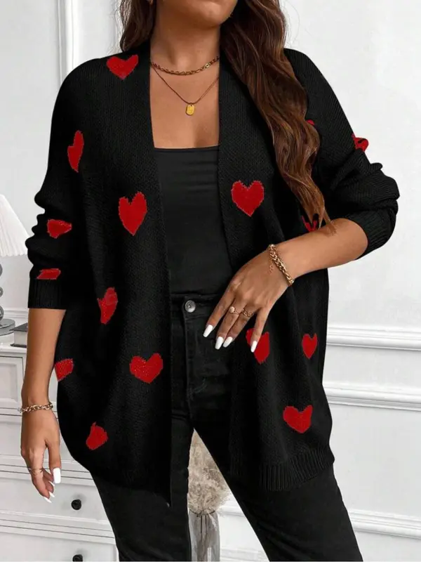 【Plus Size】 Heart Print Open Front Sweater Cardigan, Casual Long Sleeve Cardigan for Fall & Winter, Women's Plus Clothing for Daily Wear 6