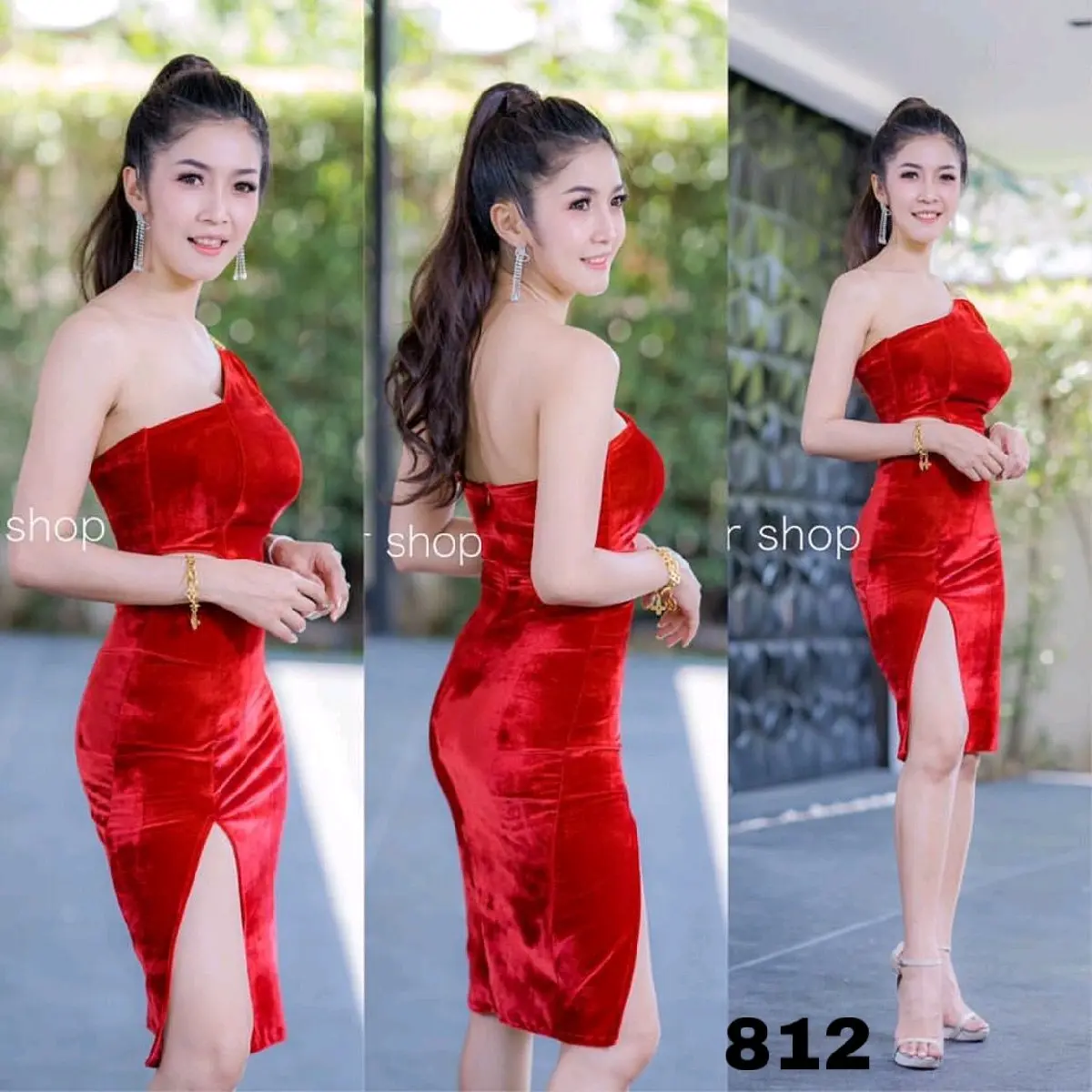Scotteshop Gista Midi Dress Bludru One Shoulder 812 Pesta Wanita