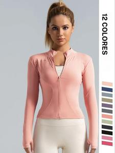 Chaqueta deportiva de color liso con cremallera y orificio para el pulgar para mujer, camiseta deportiva de manga larga transpirable de secado rápido, ropa deportiva para mujer para uso en interiores y al aire libre