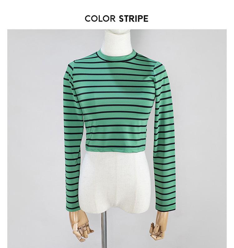 Product Introduction of Women's Swimsuit Long Sleeve Striped Sun Protection High Neck Short Midriff Outfit Comfortable Durable Foreign Trade Swimming Fitness Split Suit 7