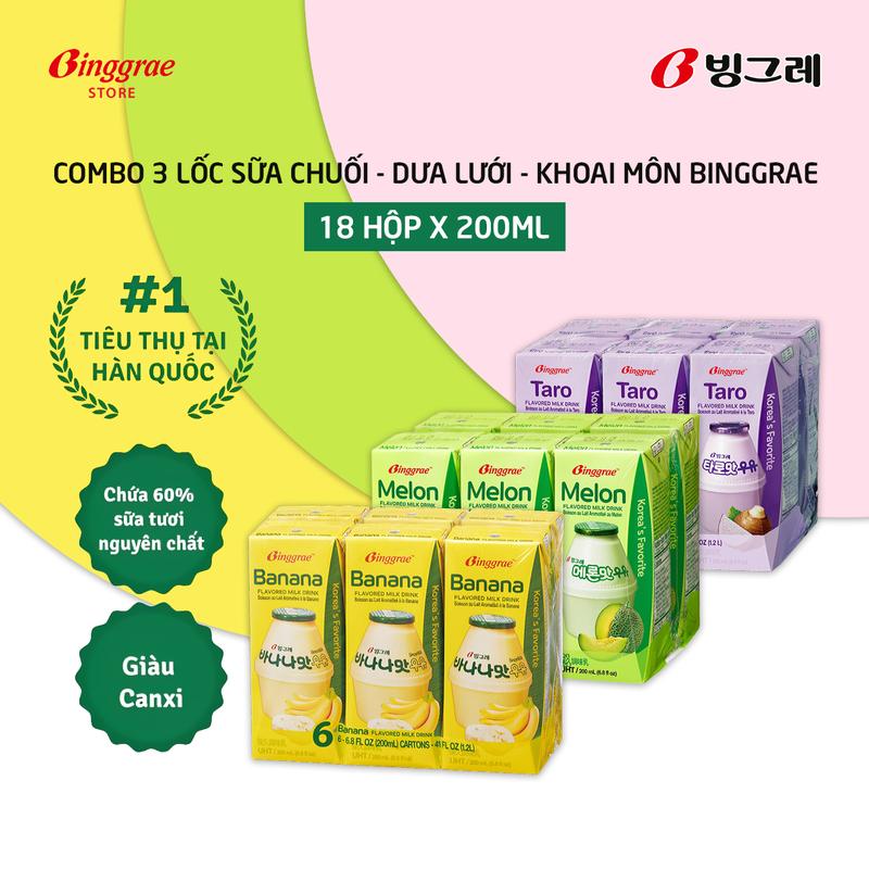 Combo 3 Lốc Sữa Chuối – Dưa Lưới – Khoai Môn Hàn Quốc Binggrae 200ml x 18 hộp