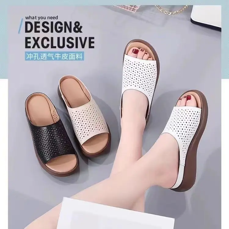 Dép Lê Da, Thật Mềm, Thời Trang Mới Mùa Hè Của Phụ Nữ, Ngoài Trời, Tăng Chiều Cao, Không Trơn Trượt, Thích Hợp Cho Phụ Nữ, Phụ Nữ Và Mẹ, Gót Giữa, Dép Dây Đeo Mắt Cá Chân DéP Shoes