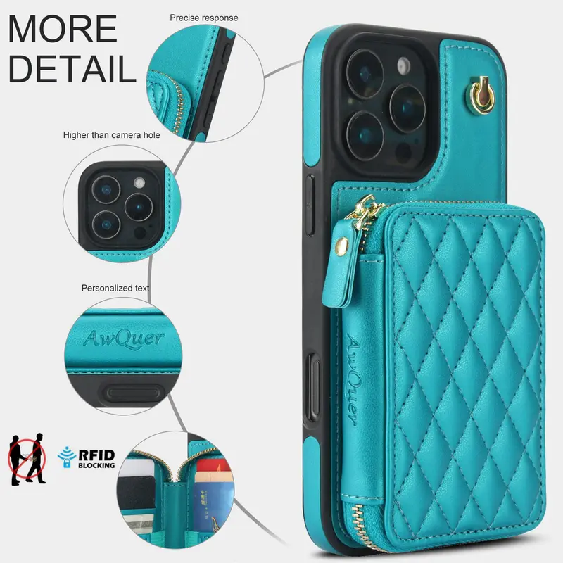 Fashionable Quilted Pattern Zipper Phone Case with Card Slot & Hand Strap, PU Leather Phone Cases for iPhone 16 Pro Max 15 Plus 14 Plus 13 12, Cover 2