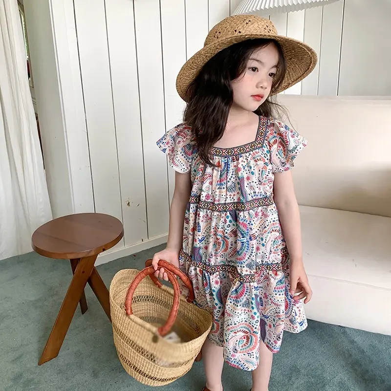 kids girl Floral Princess Dress children girls Square Neck Ethnic Abstract Painting Print dresses Korean Summer skirt