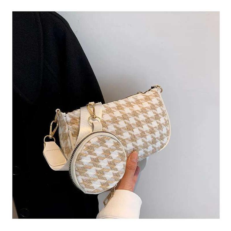 Product Introduction of Female Vintage Plaid Printing Shoulder with Mini Round Purse Pendant Women Casual Small Crossbody Bags 2pcs Composite 18