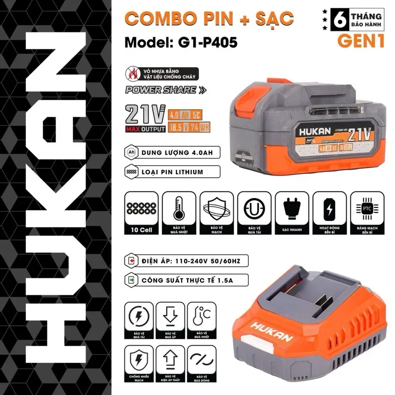 Combo pin 10cell-4a-5c kèm sạc 1.5a HUKAN G1-P405,chân pin phổ thông HM21