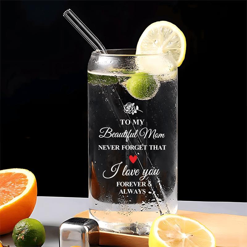 Product Introduction of 16oz Glass Cup with Straw & Brush, Letter Pattern Glass Jar, Drinking Cup for Home Office Use, Gift for Mom, Daughter & Son, Drinkware 2