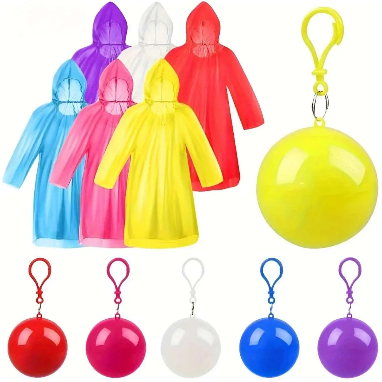 5 pcs Emergency Waterproof Raincoats with Keychain Balls for Adults - Bright Colors (Red, Yellow, Blue, Pink), Compact & Lightwei