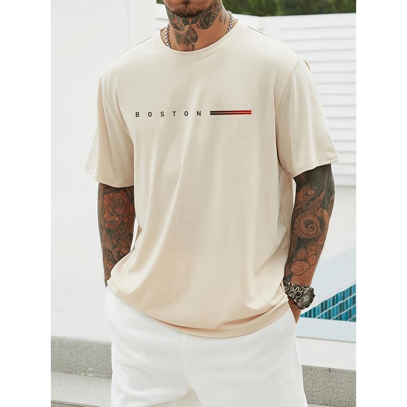 Kaos Penunjuk Arah Men's 100% Cotton BOSTON Graphic Print T-shirt, Casual Short Sleeve Crew Neck Tee, Men's Clothing For Outdoor kaos  penunjuk 3