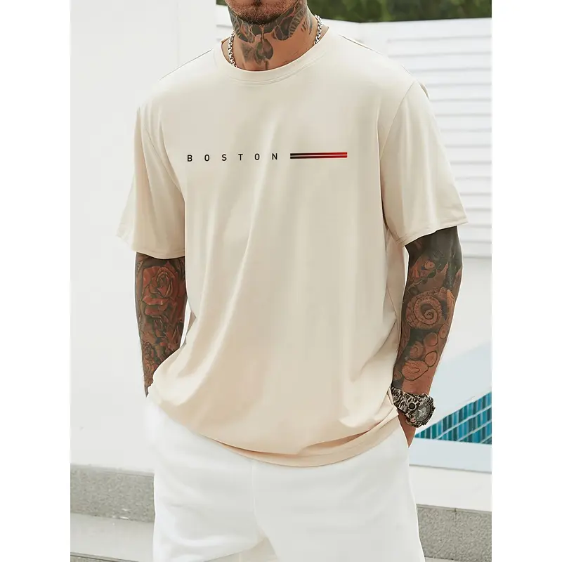 Kaos Penunjuk Arah Men's 100% Cotton BOSTON Graphic Print T-shirt, Casual Short Sleeve Crew Neck Tee, Men's Clothing For Outdoor kaos  penunjuk 3