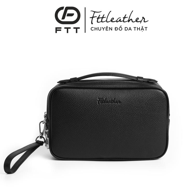 Túi Golf Cầm Tay, Clutch du lịch kẹp nách đựng đồ cá nhân sang trọng FTT Leather Da Bò Dáng Hộp 2 Ngăn Kéo Có Khóa Số Bảo Mật Kem Nam