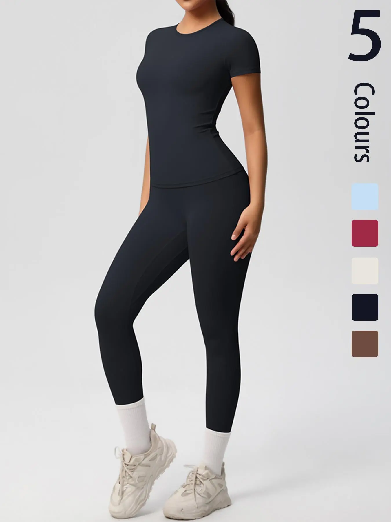 Women's Solid Color Sports Tee & Leggings Set, Breathable Round Neck Short Sleeve T-shirt & Skinny Pants, Ladies Sportswear for Indoor Outdoor Wear, Tracksuit, Workout Clothes