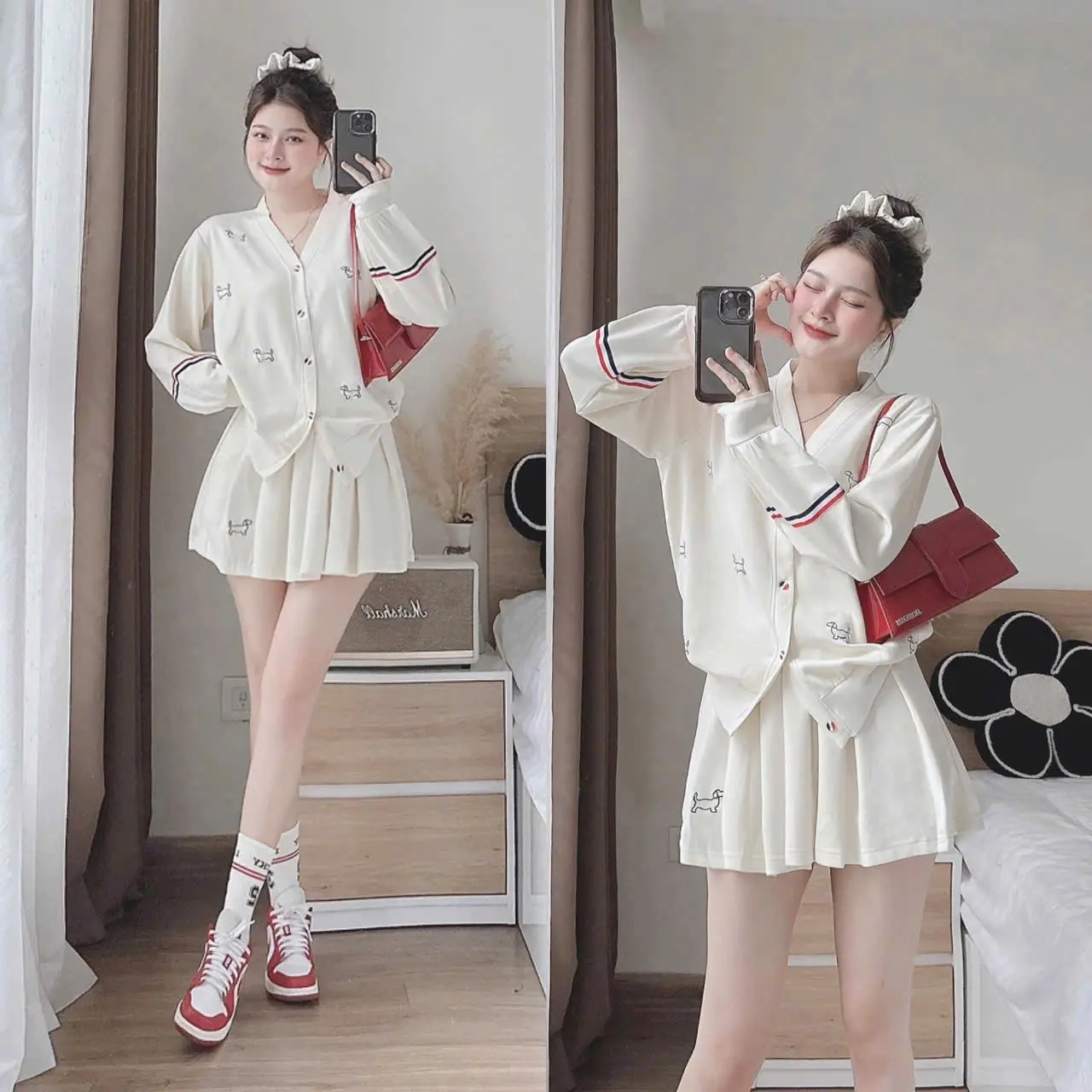 Sét áo nỉ chân váy nỉ lưng thun khoá kéo có lót quần đầy đủ thêu hình dài tay mang mùa đông NOEL TẾT Dress