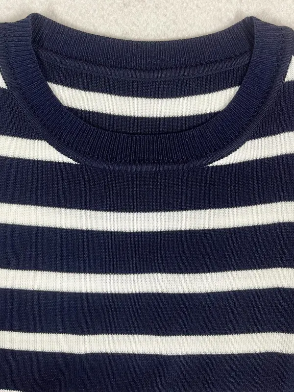 Women's Stripe Pattern Short Sleeve Crop Knit Top, Casual Comfy Fashion Round Neck Knitwear for Indoor Outdoor Wear, Ladies Clothes for All Seasons 4