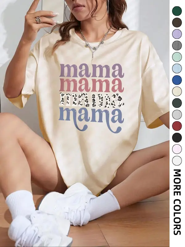Women's "mama" Letter Print Round Neck Graphic Tee, Vintage Trendy Casual Drop Shoulder Half Sleeve T-shirt For Daily Wear, Ladies Summer Outfit 3