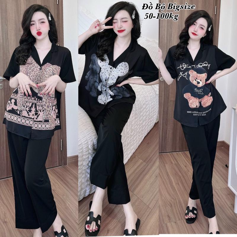 Đồ Bộ Bigsize - Đồ Ngủ Mặc Nhà Pijama Bigsize Lụa Mango Dài Tay Ngắn in 5D Cao Cấp Xinh Xắn 50-100kg Nho Nhung
