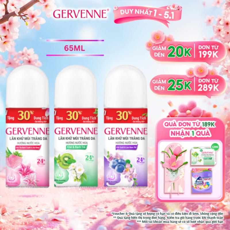 DUY NHẤT 1-5.1 ĐƠN 189K TẶNG 1 QUÀ TĂNG 30% DUNG TÍCH Lăn Khử Mùi Lưu Hương cho nữ Gervenne 3 Mùi Hương Dâu Tây Kiwi Việt Quất 65ml