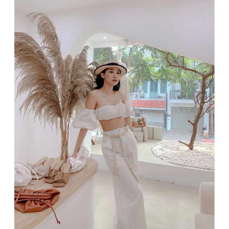 Áo coptop women shrit trễ vai xếp ly ngực tay phồng cá tinh DG 4228