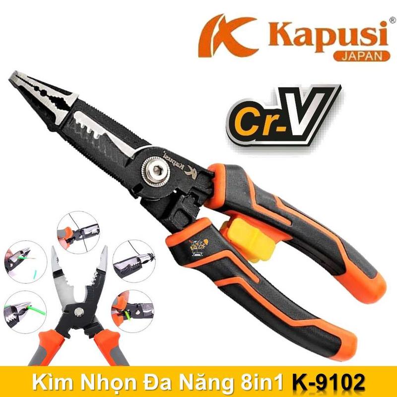 Kìm điện đa năng 8"/200mm 8 in 1 cao cấp thép CrV siêu cứng Kapusi Japan, Kềm Cắt Tuốt Bấm Cos Dây Điện