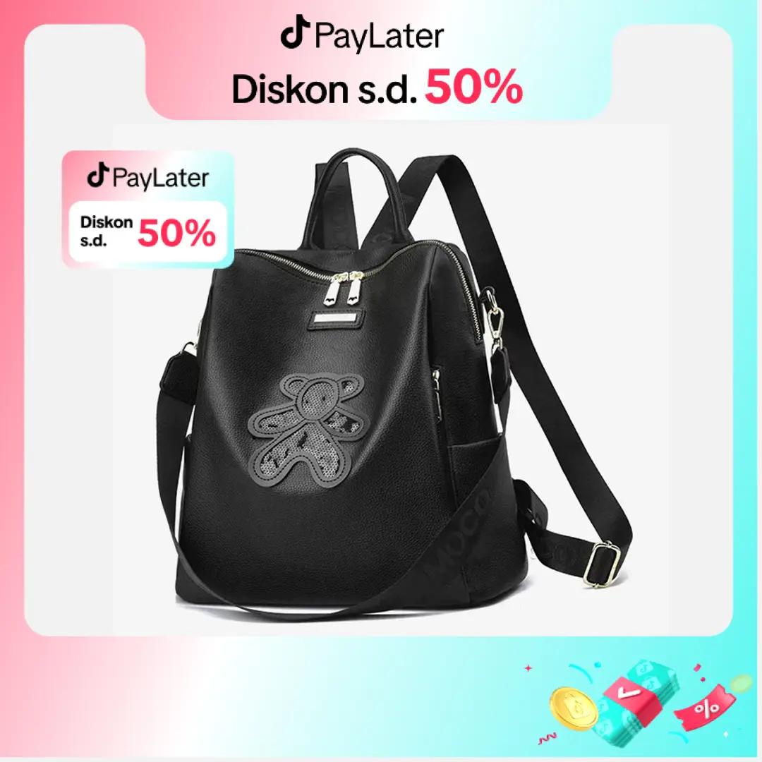 MOCO Fashion Tas Ransel Hitam Beruang Gembul Backpack Nylon Tas Punggung Kulit 8802-11