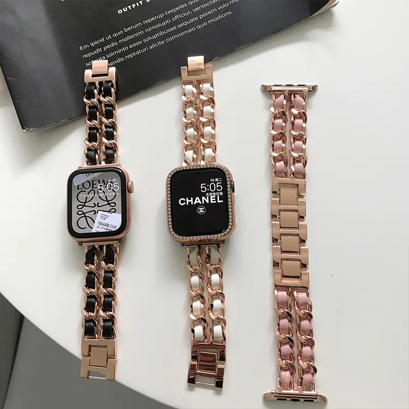 Dây Đeo Bằng Da Kim Loại Sang Trọng Cho Apple Watch, Dây Đeo 49Mm, 41Mm, 45Mm, 38Mm, 42Mm, 44Mm, 40Mm, Vòng Tay Nữ Cho IWatch Ultra 8 7 SE 6 5 4 Cao Su Smartwatch 4