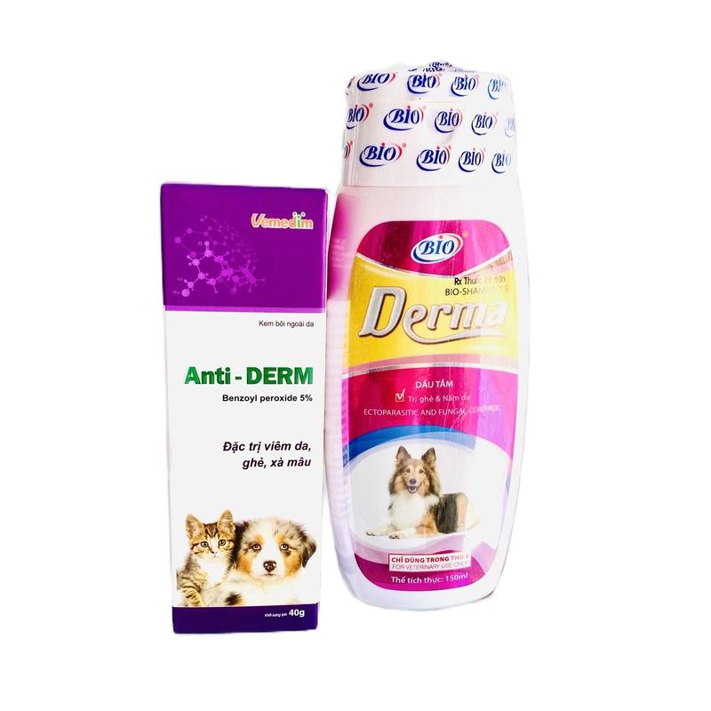 Combo trị viêm da, ghẻ, xà mâu cho bé cún bé mèo gồm chai sữa tắm Bio Derma và kem bôi anti-derm.