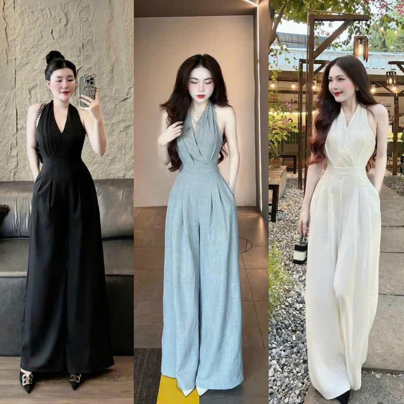 Jumpsuit nữ cổ v dài ống rộng chất vải đủi vân mây kiểu dáng thanh lịch, sang trọng thích hợp cho các nàng đi dạo phố, đi dự tiệc với bạn bè