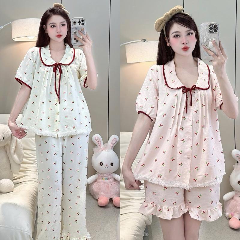 (Hàng đẹp) Bộ Ngủ Nữ, Pijama Nữ Mặc Nhà Chất Đũi Mềm Mại, Áo Ngủ Quần Ngủ Hoạ Tiết cherry Phối Bèo Ren Xinh Yêu Thu Đông Women Beo Nho Voi Nhung Kem Cam Tim