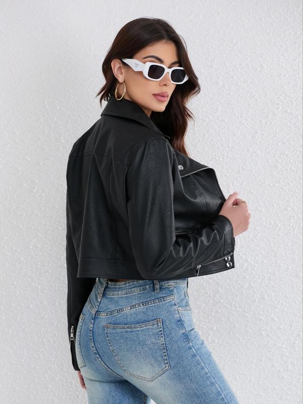 Women's Solid Color Lapel Collar Zipper PU Leather Crop Jacket, Street Fashion Long Sleeve Button Outerwear for Daily Outdoor Wear, Ladies Clothes for All Seasons 1