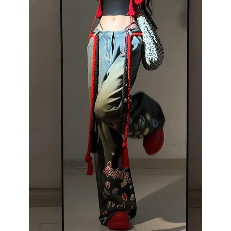 Quần Jean Graffiti Hoạt Hình, Thiết Kế Đẹp Cho Nữ, Phong Cách Độc Đáo Quần Ống Rộng Cạp Cao Ngọt Ngào, Quần quét đất Nhà Thẳng Đường Phố, Thời Trang, Bộ Sưu Tập 2452, Ins 4