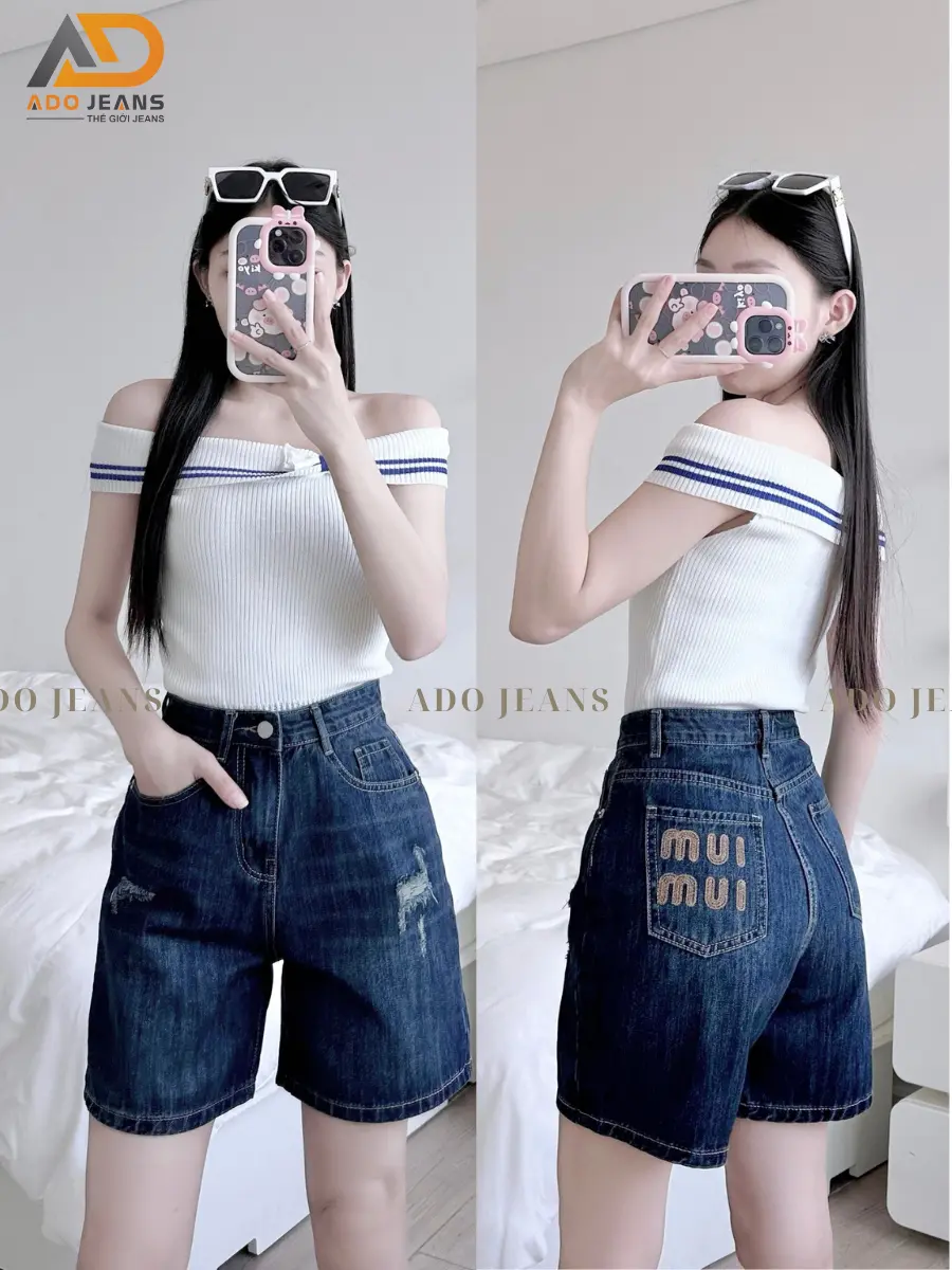 Quần đùi short Jeans ngố nữ cạp cao rách nhẹ tạo kiểu 2 bên, túi thêu chuẩn form tôn dáng chất Jeans cao cấp