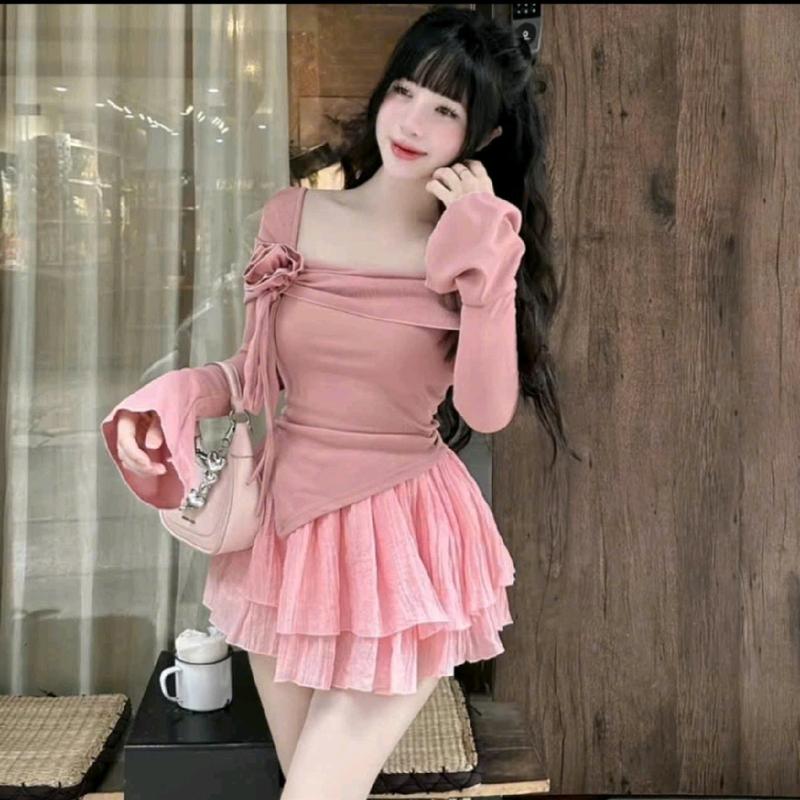 Áo kiểu douyin tay ống loe trễ vai chất thun tăm phong cách tỷ tỷ trung hoa Nữ Tay Loe 5