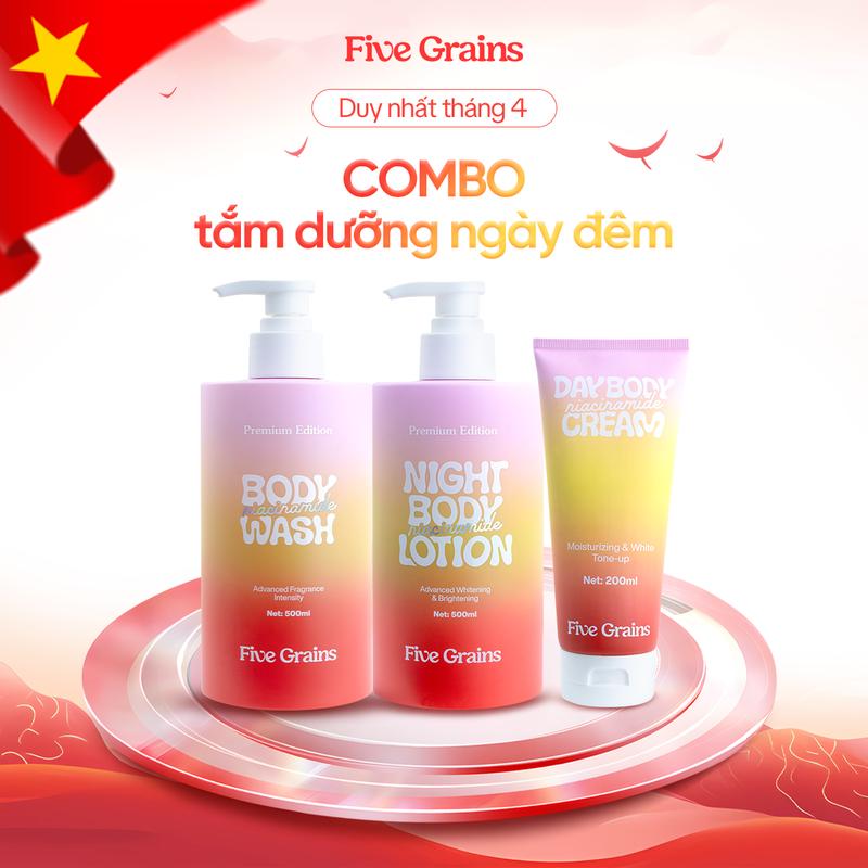 Bộ ba giúp dưỡng trắng chuyên sâu Niacinamide, Alpha-Arbutin Five Grains ( Sữa tắm 500ML & Kem dưỡng nâng tone ban ngày 200ML & Kem dưỡng ban đêm 500ML)