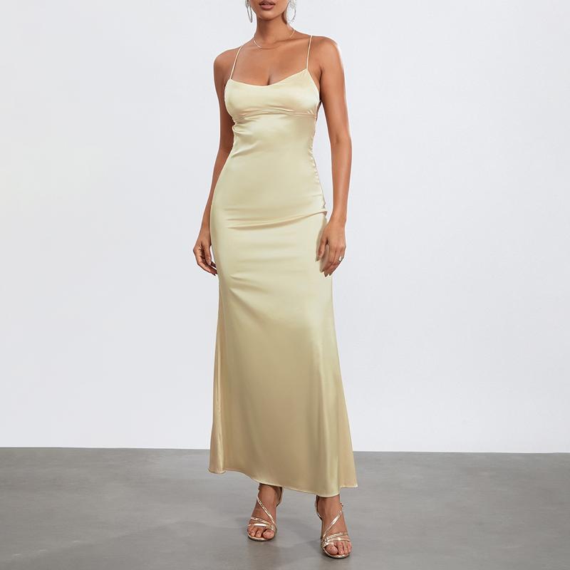 Product Introduction of Women's Summer Long Slip Dress Solid Color Sleeveless Spaghetti Strap Low Cut Backless Slim Dress 42