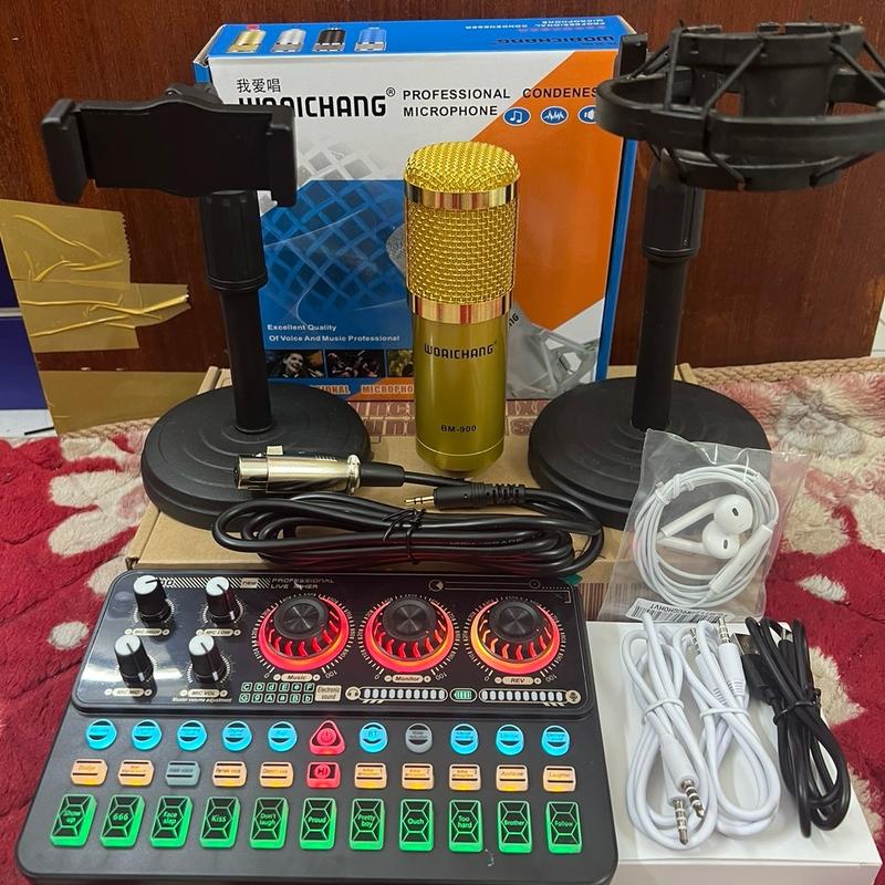 Bộ livestream sound card K900 + Mic bm900 + kẹp Mic + kẹp điện thoại + tai nghe đầy đủ dây kết nối để livestream hát thu âm quay video