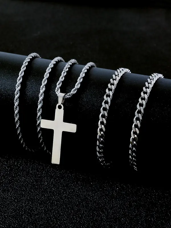Men's Simple Cross Pendant Necklace, 2counts Stainless Steel Neck Jewelry for Party, Daily Clothing Decor, Trendy All-match & Exquisite Jewelry for Gift 3