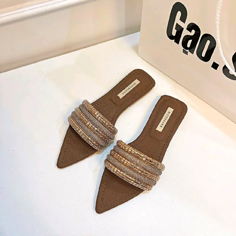 Gạo.Shoes (CÓ BIGSIZE) - Dép Lê Nữ Mũi Nhọn, Quai Ngang Dây Đá So Le, Đế Cao Cấp Chống Trơn Trượt. 3