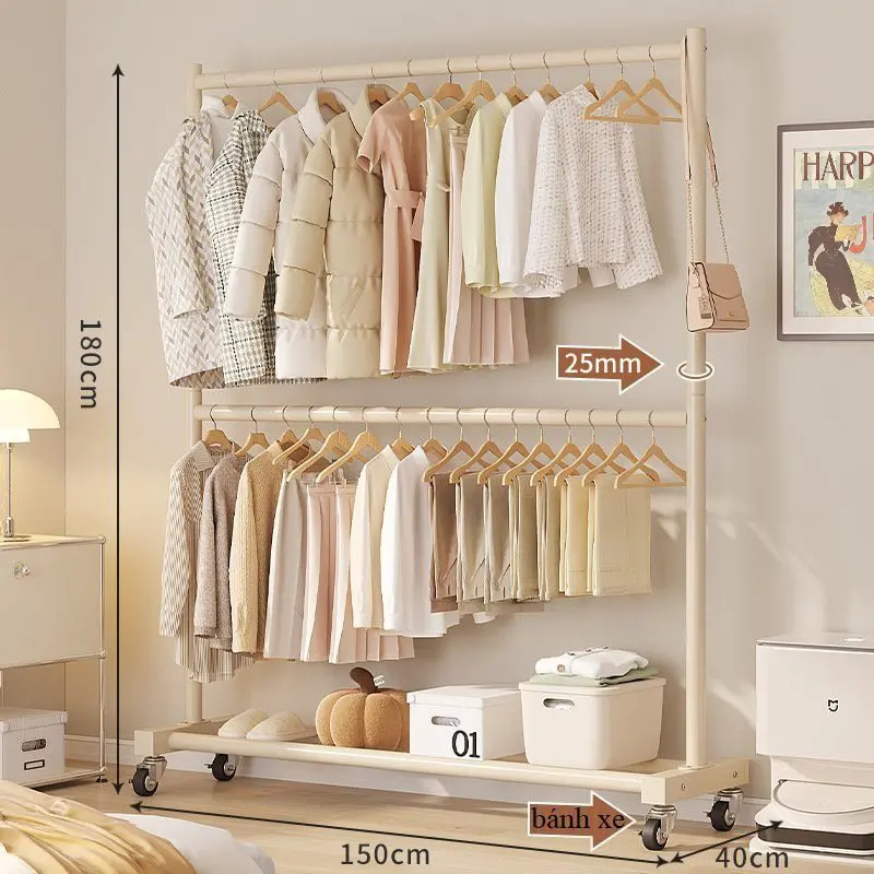 Kệ Quần Áo 2 Giàn Treo Có Bánh Xe Tiện Lợi YKA Khung Kim Loại Để Giày Dép Túi Xách coat  racks kephoi  quanao kệ  treo kệ  treo kệ  treo dàn  treo ketreo  quanao sào  treo treo  quần kệ  ráp treo  đồ ketreodo 6