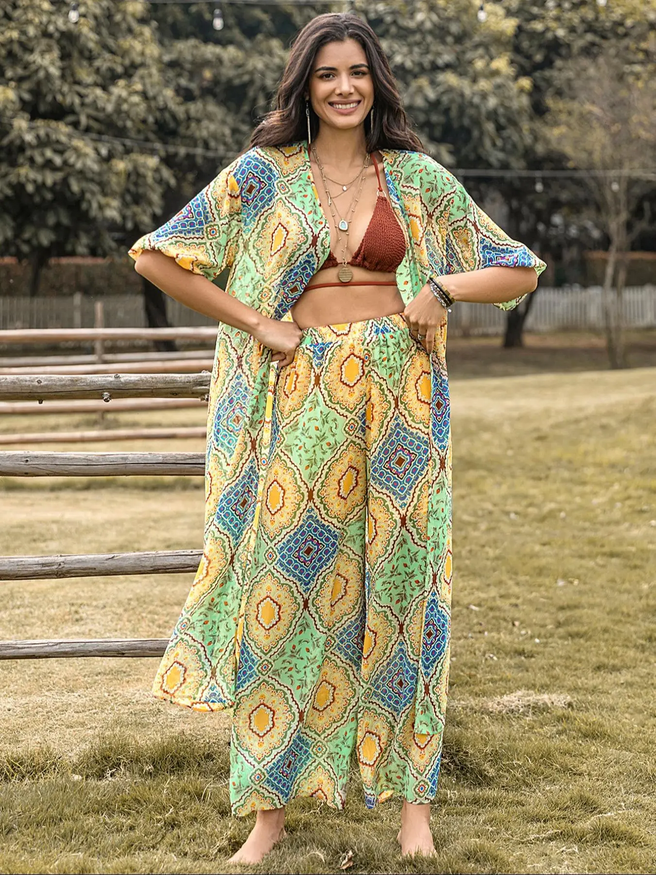 Two-Piece Set Women's Boho Summer Sets, Summer Clothes for Women, Co Ord Set Summer, Ethnic Pattern Kimono & Wide Leg Pants, Summer Outfits 2024, Open Front Top with Palazzo Pants, Two Piece Set Clothing