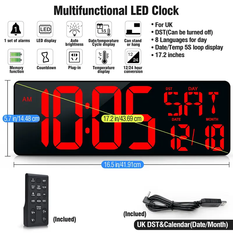 17.2 Inch Large LED Display Digital Wall Clock with Remote Control, Count Up and Countdown Timer, Temperature and Date Auto Switchable Wall Clock, Decor, Living Room, Home Goods 1