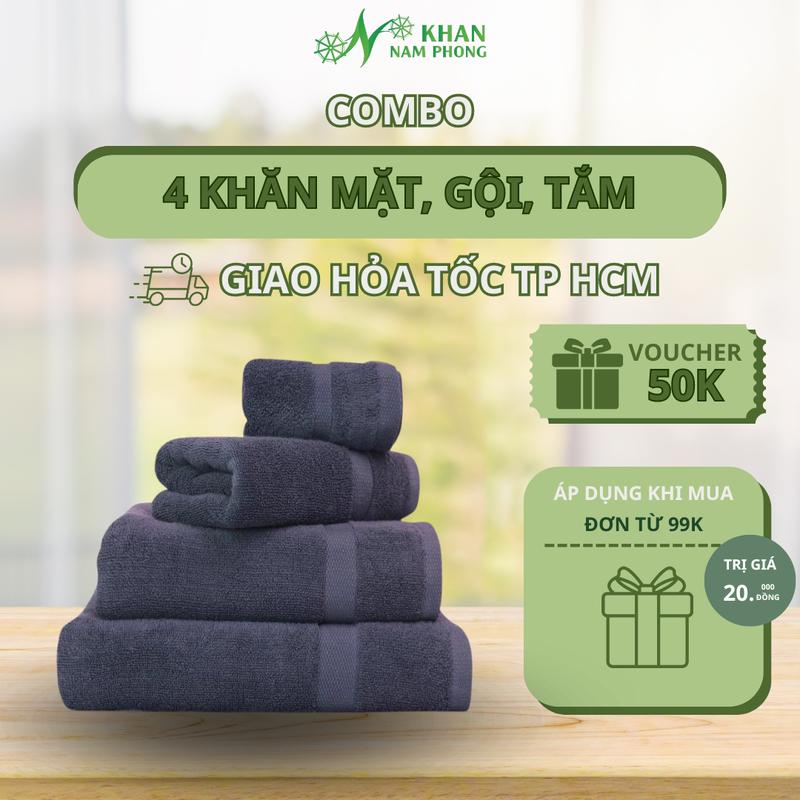 Combo 4 Khăn 28x50, 35x80, 60x120 - 2 Mặt, 1 Gội, 1 Tắm Cao Cấp - Chất Liệu Sợi Cotton Mềm Mịn - Đa Dạng Màu Sắc  - Khăn Nam Phong 1