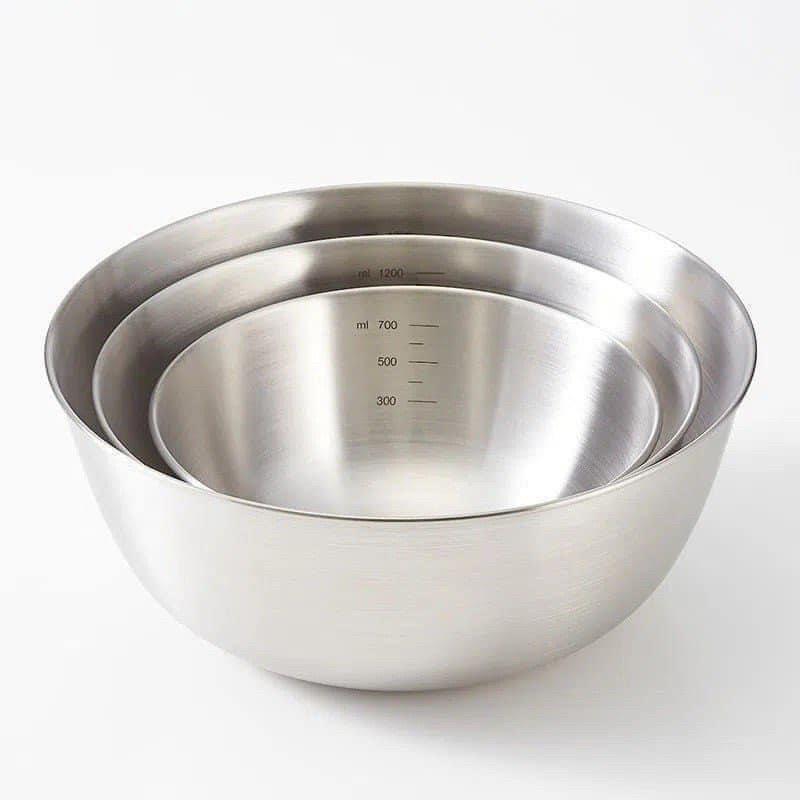 Set 3 bát âu trộn bột, thau trộn salad inox có vạch chia dung tích tiện lợi