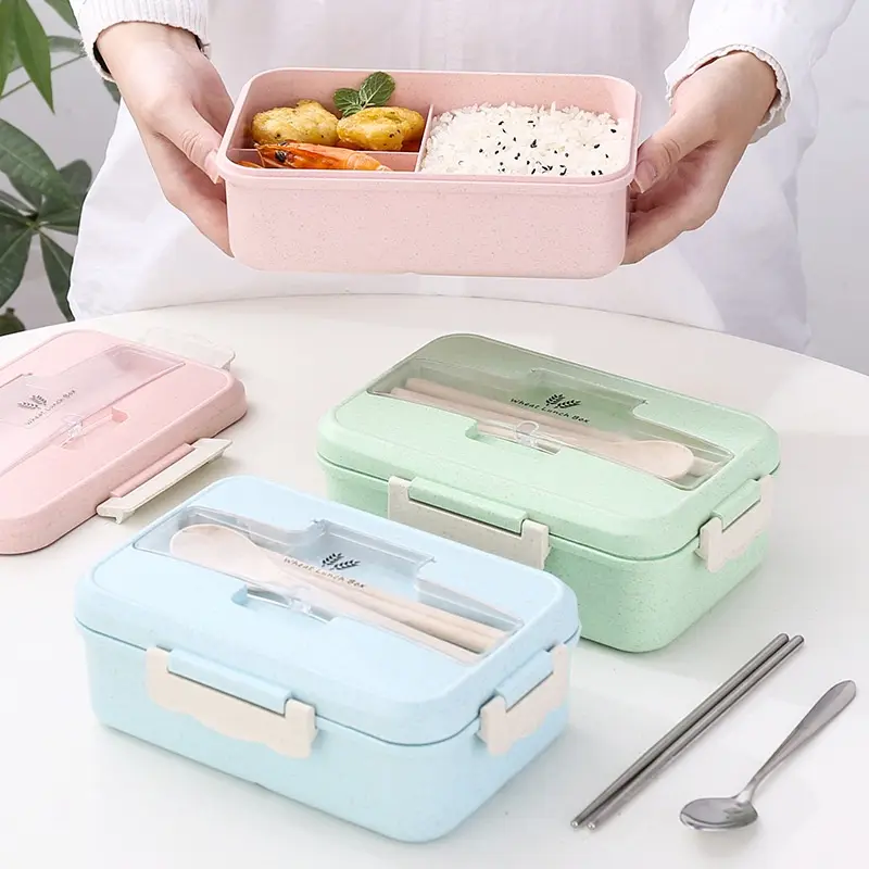 LUNCH BOX SET KOTAK BEKAL MAKAN JERAMI GANDUM KOTAK MAKAN ​1000ML 4-IN-1 FREE SENDOK TEMPAT MAKAN Buah Peralatan Silikon Biru 7