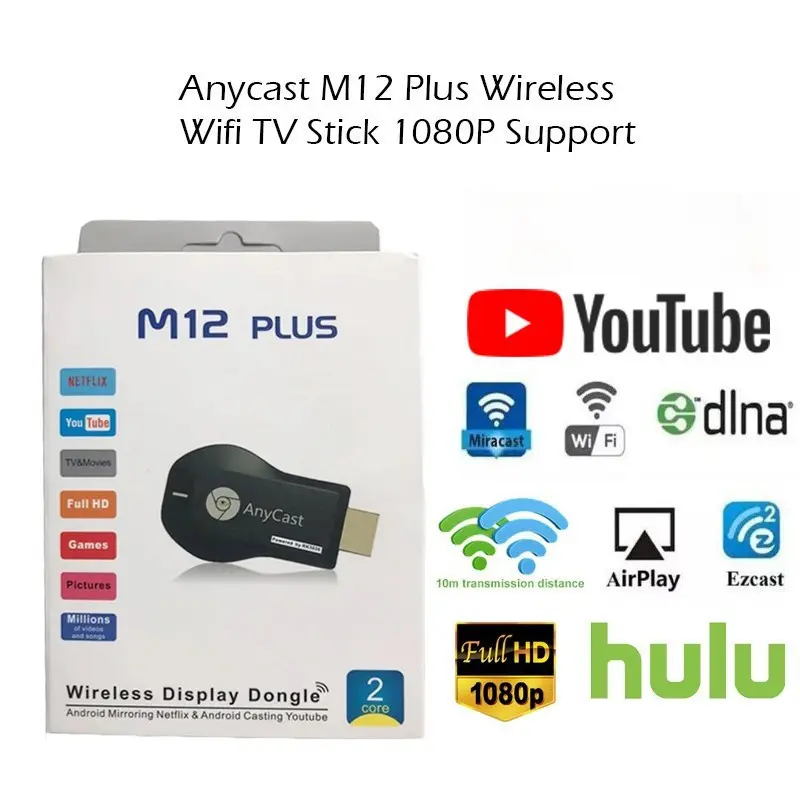 AnyCast M12/M9/Plus, การ์ด Dongle WiFi ทีวีไร้สาย, 1080P HDMI, Airplay, Miracast, จัดส่งเร็วด้วย SeaFlash