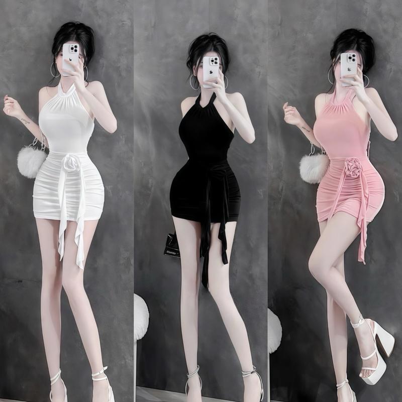  Đầm Body Yếm Bèo Đính Hoa Đi Chơi Đi Tiệc Sang Trọng Cho Nữ - Women Thun Lưới Freesize Dưới 54kg Nhung Voi 