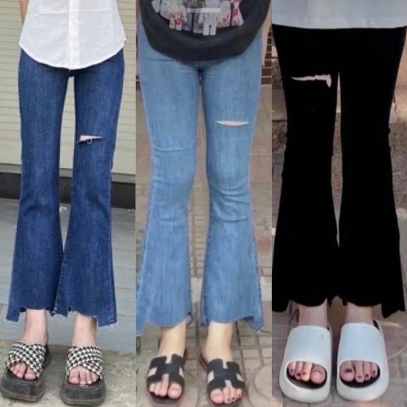 Quần jeans ống loe rách đùi gấu cắt kiểu hách dáng hợp thời trang Nữ Women gối quanjean den