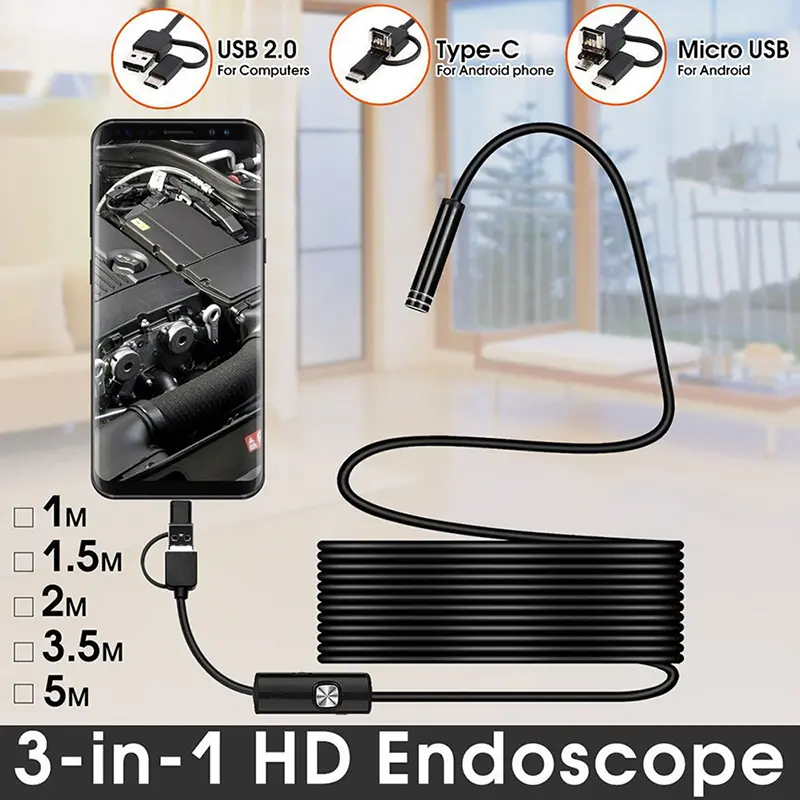 Ống nội soi loại C USB, 3 trong 1, Ống soi lỗ, Ống kính 5,5 / 7 / 8mm, Camera HD, IP68 Mobile Lens