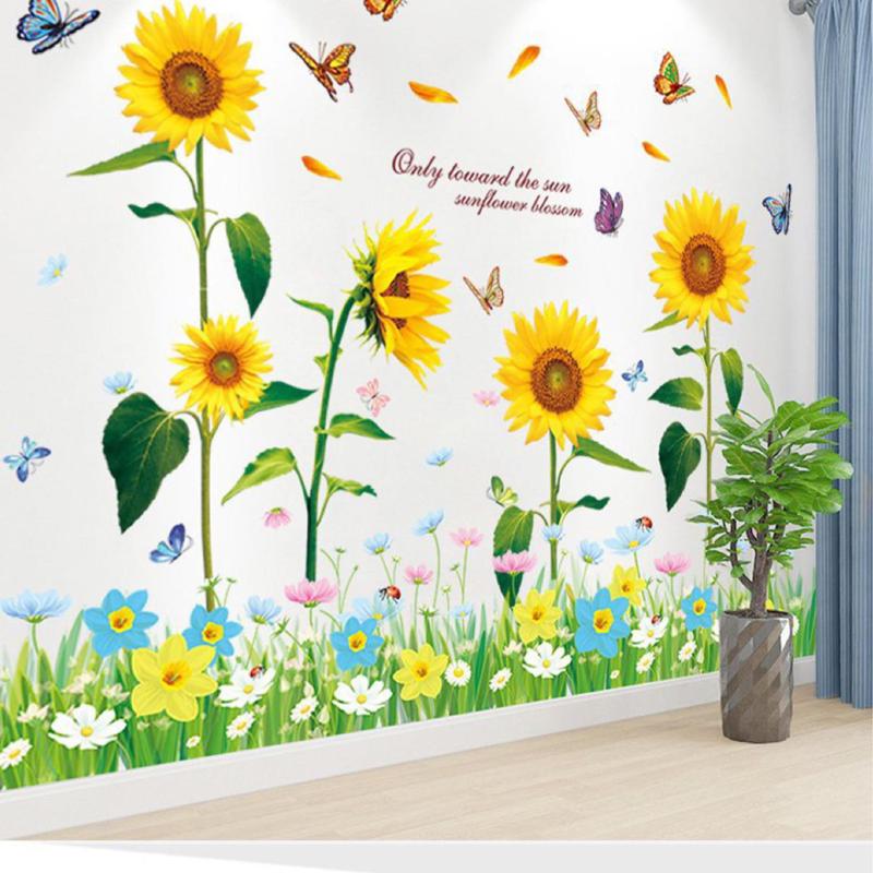 decal dán tường combo hoa hướng dương chân cỏ hoa lá vàng dán tường Decor Decor Phòng