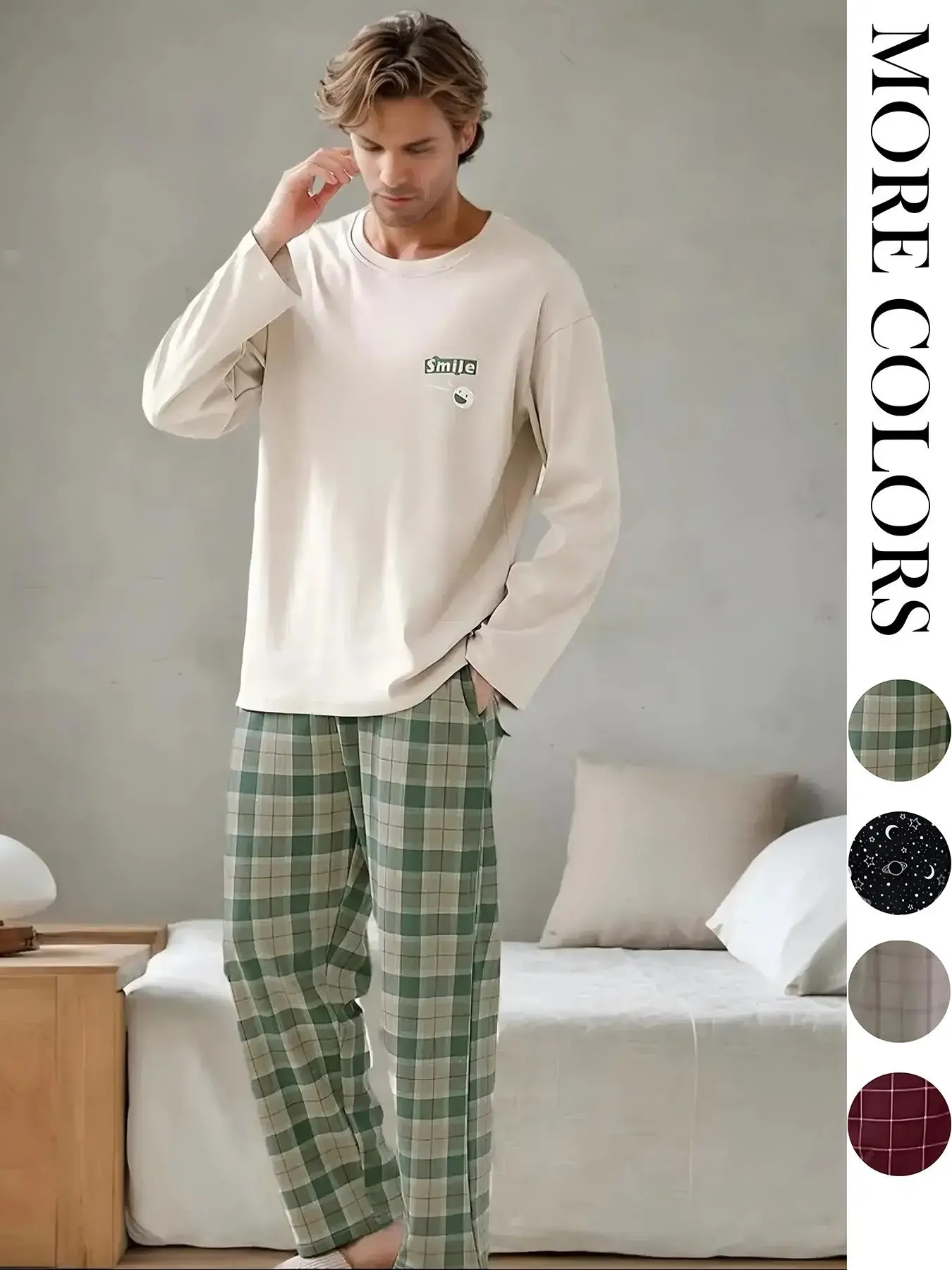 Men's Plaid / Galaxy / Letter Print Drop Shoulder Tee & Elastic Waist Pants Pyjama Set, Casual Comfy Round Neck Long Sleeve T-shirt & Trousers Pj Set, Men's Sleepwear for Spring & Fall