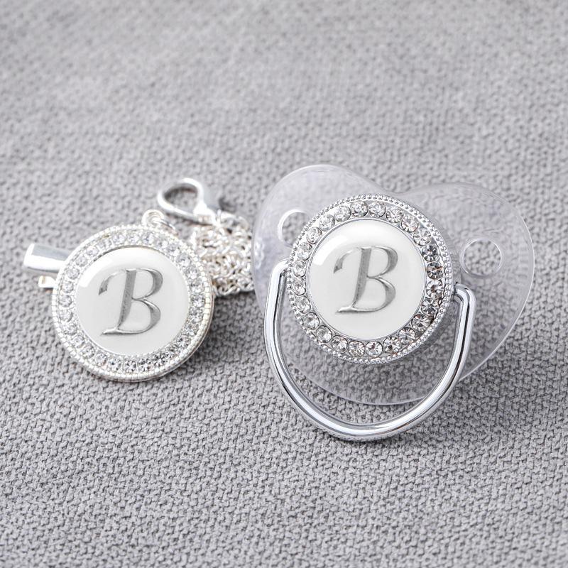 Baby  Pacifier Clips Newborn Luxury Pacifiers Holder Letter Silver Bling Infant Transparent Silicone Nipple 7